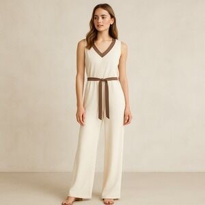 Vintage 70s 80s Sunshine Alley Cream Jumpsuit Wide Leg Belted VNeck Minimalist M